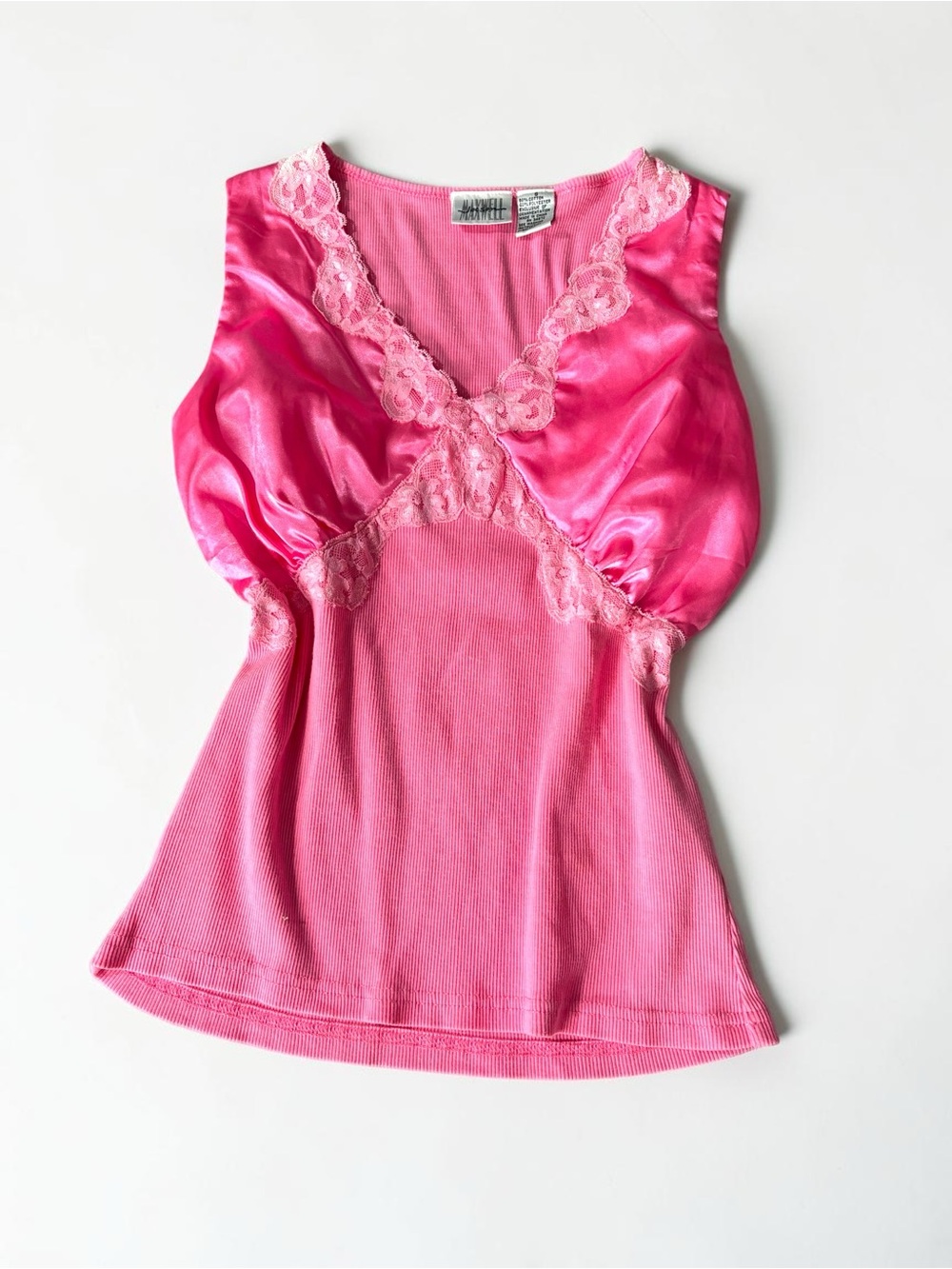 Vintage Top Hot Pink Lace-Trim Satin Y2K Fairycore Ribbed Going Out S